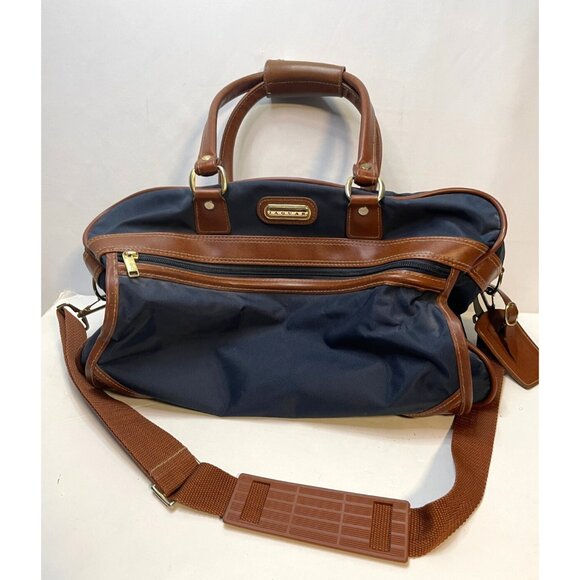Jaguar luggage travel bag overnight weekender leather 16" x 10" x 11" navy blue‎ - Picture 1 of 16